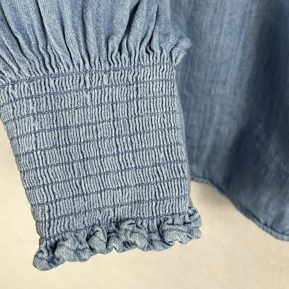 Old Navy Puff-Sleeve Blouse Women's XL Non-Stretch Chambray Ruffle-Trimmed Poet